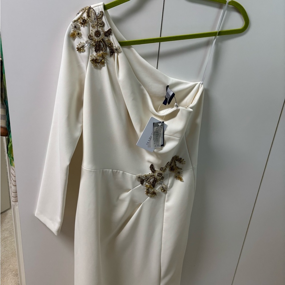 Marchesa Cream Asymmetrical One-Shoulder Sheath Dress